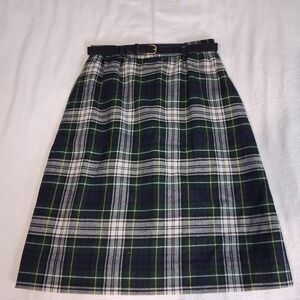 Vintage LL Bean Green White Blue Tartan Plaid  Belted Academia Pencil Skirt Sz 6